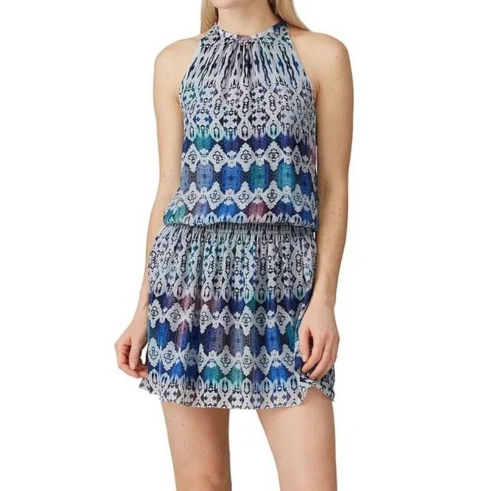 Ramy Brook Silk Sleeveless Dress M Blue Ikat Print Smocked Waist Halter Style